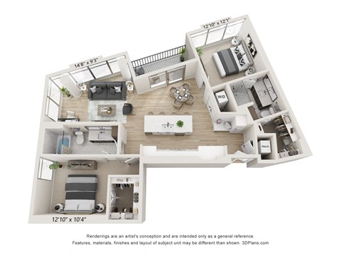 Floor plan for 2 beds, 2 baths, 1270 sqft